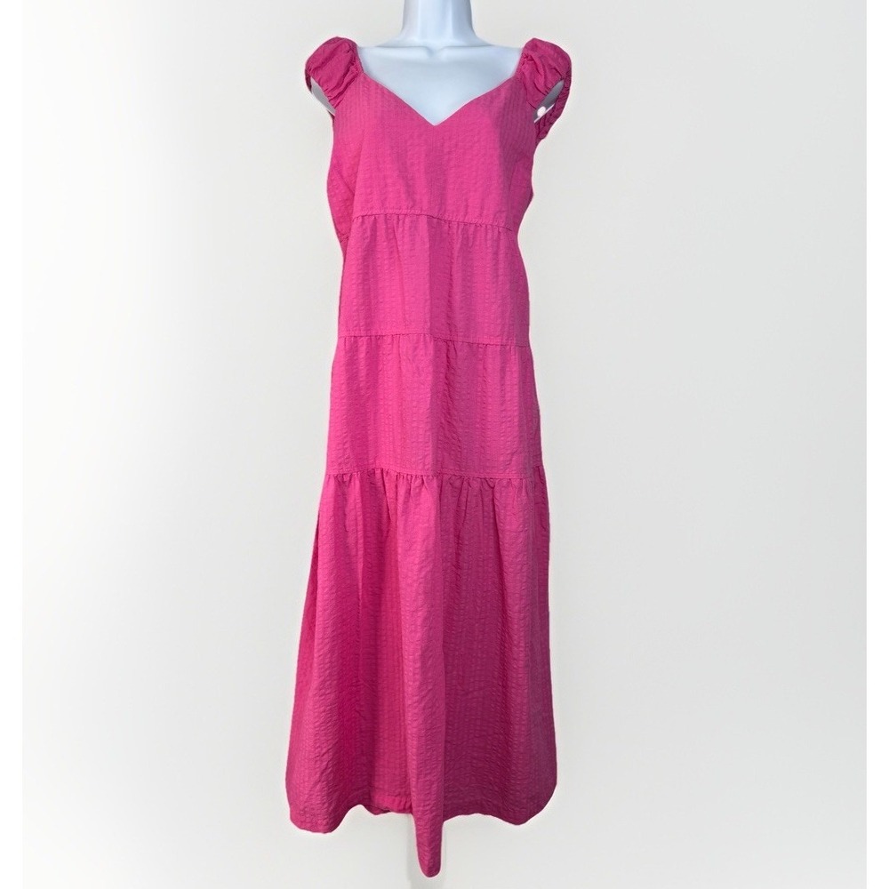 Old Navy Pink Tiered Maxi Dress L Puff Sleeve Cottagecore Sweetheart Crinkle